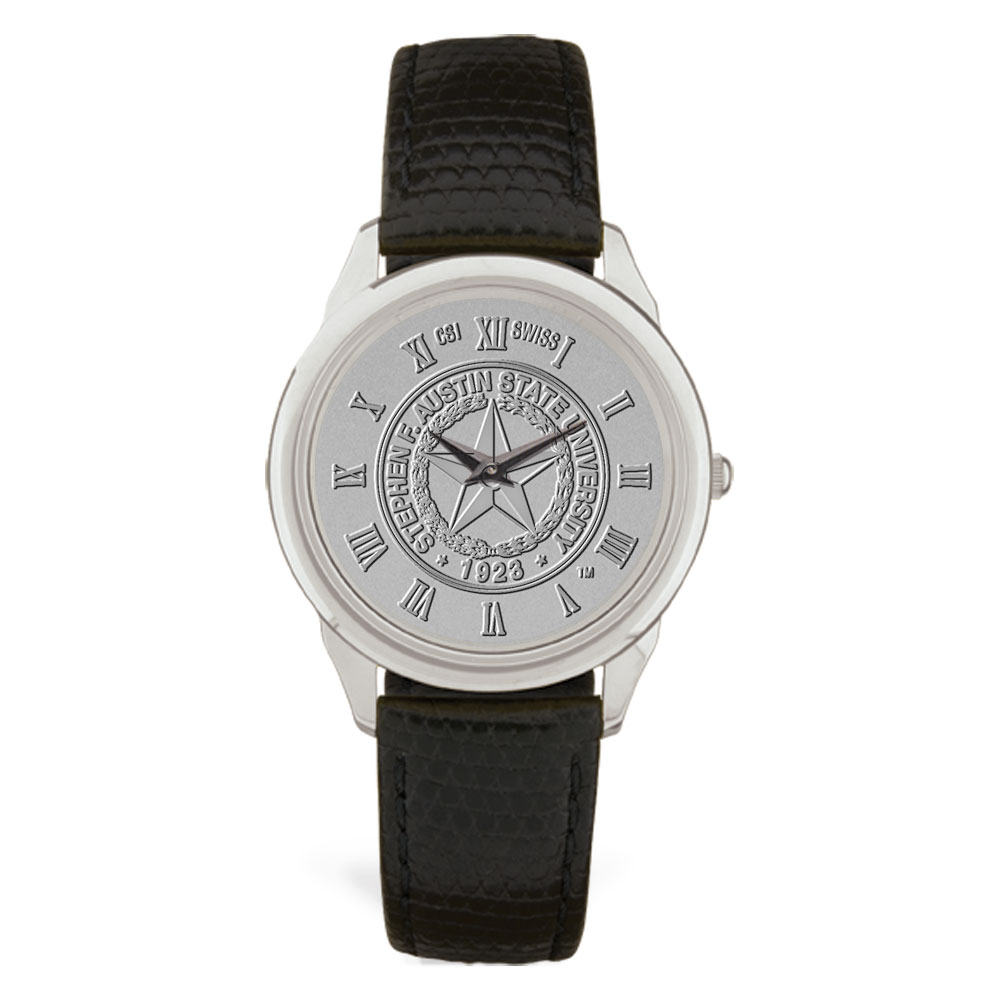 Men's Silver Stephen F Austin Lumberjacks Shield Logo Medallion Black Leather Wristwatch