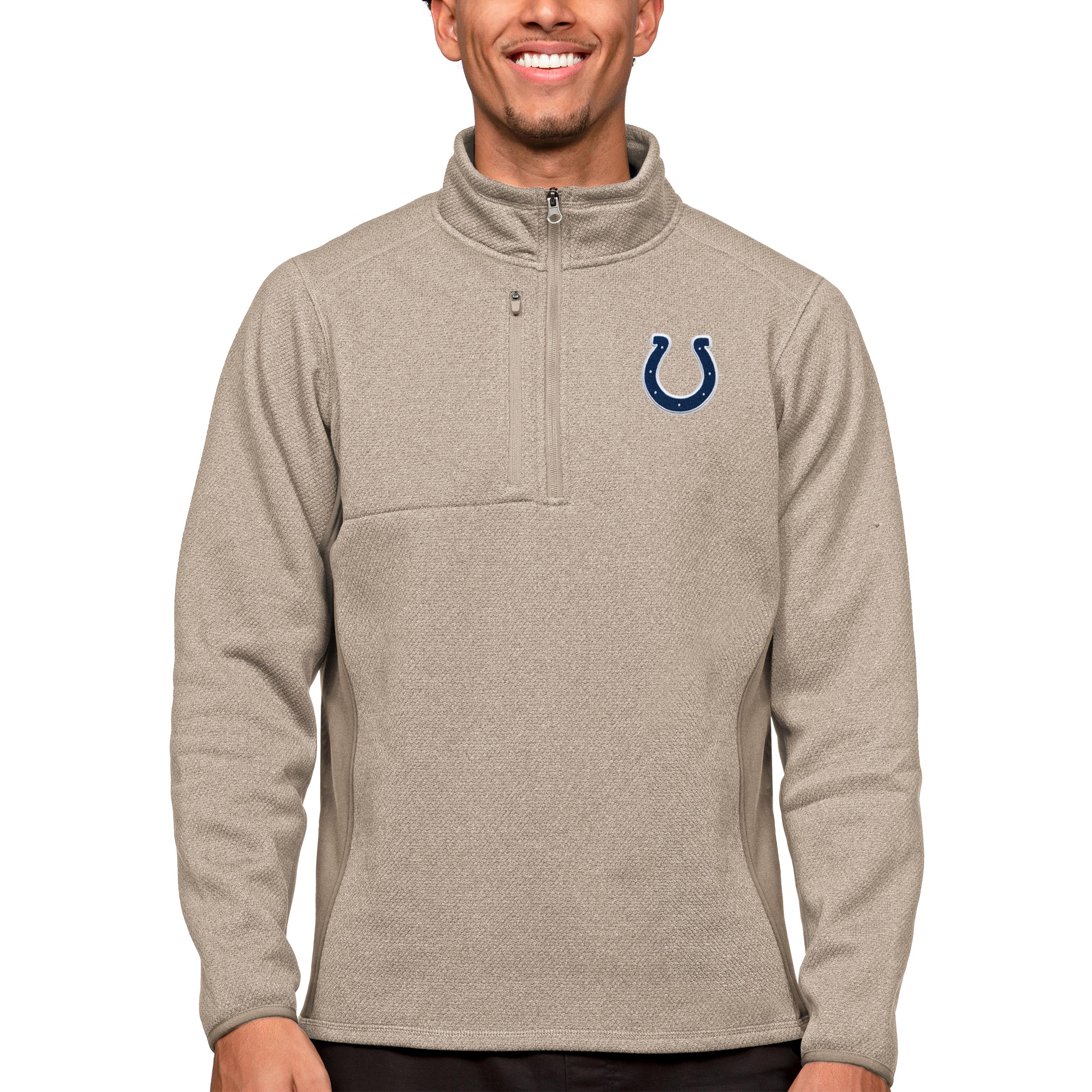 Men's Antigua Oatmeal Indianapolis Colts Course Quarter-Zip Pullover Top