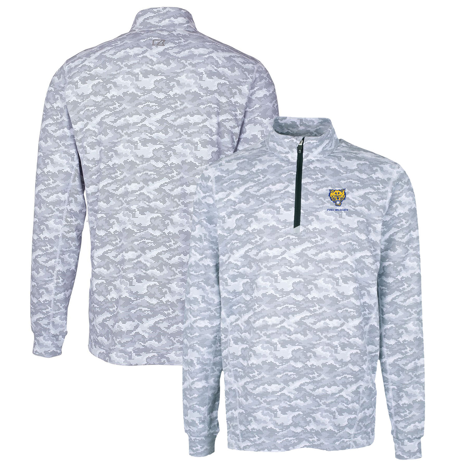 Men's Cutter & Buck Charcoal Fort Valley State Wildcats Big & Tall Traverse Camo Print Stretch Quarter-Zip Pullover Top