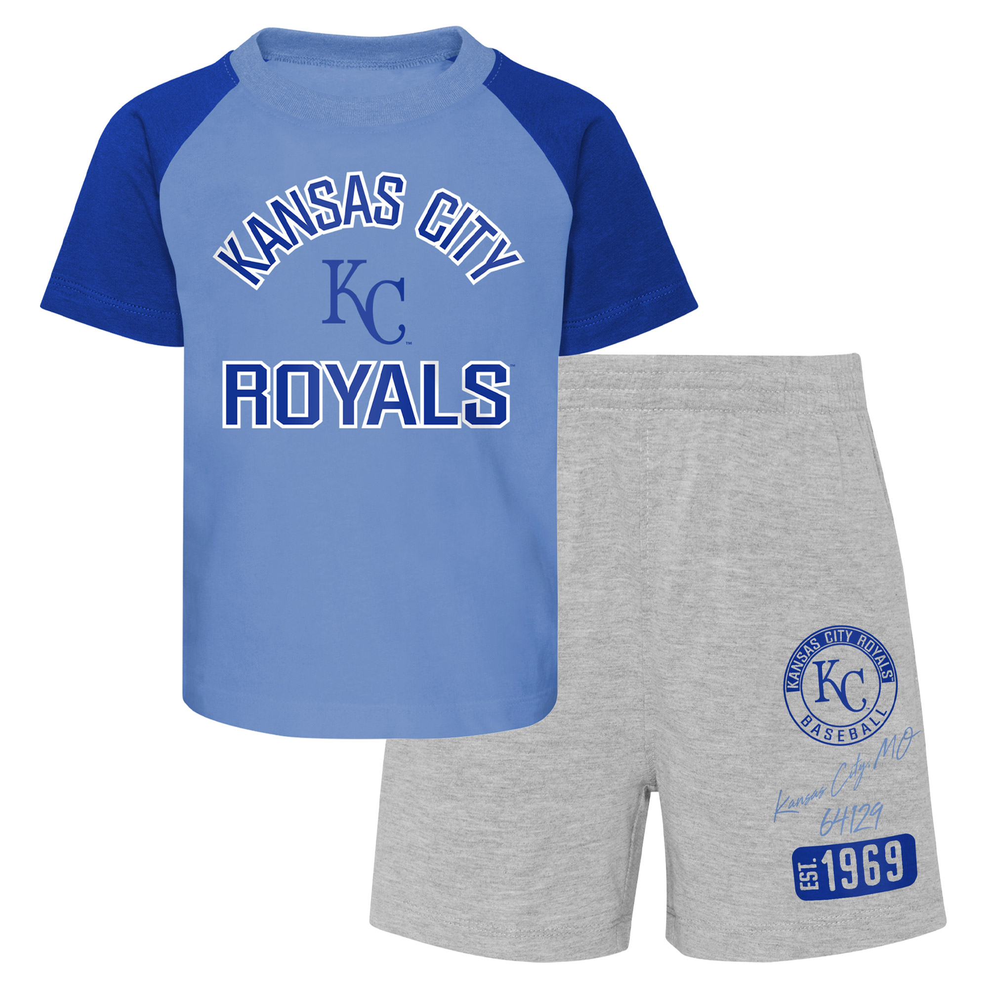 Infant Light Blue/Heather Gray Kansas City Royals Ground Out Baller Raglan T-Shirt and Shorts Set - Image 2