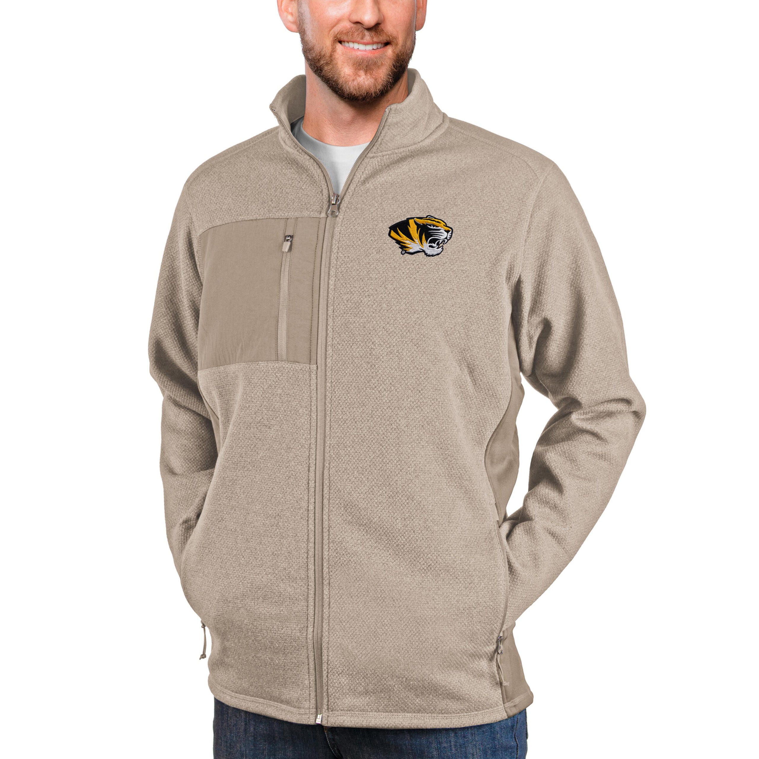 Men's Antigua Oatmeal Missouri Tigers Course Full-Zip Jacket