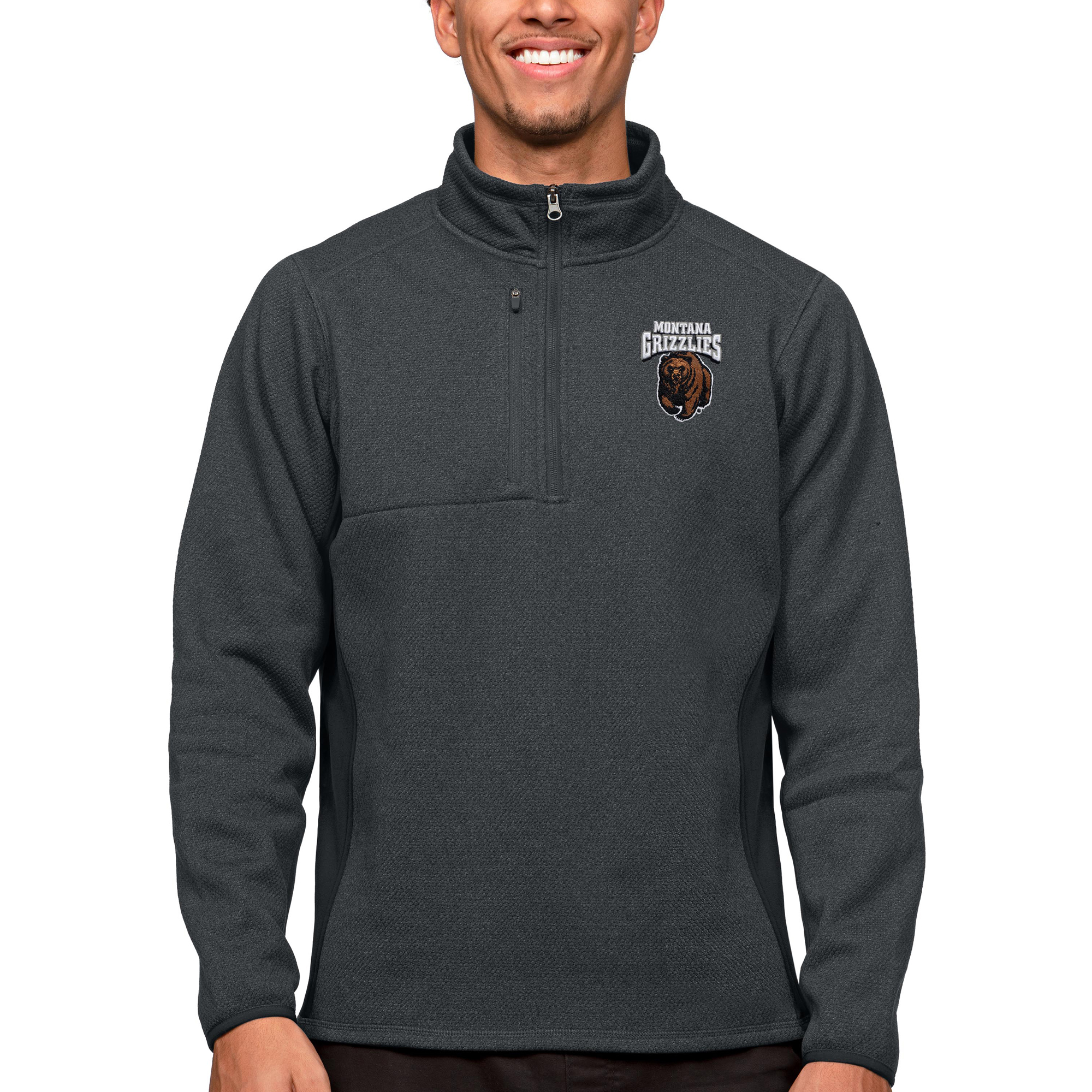 Men's Antigua Heather Charcoal Montana Grizzlies Course Quarter-Zip Pullover Top