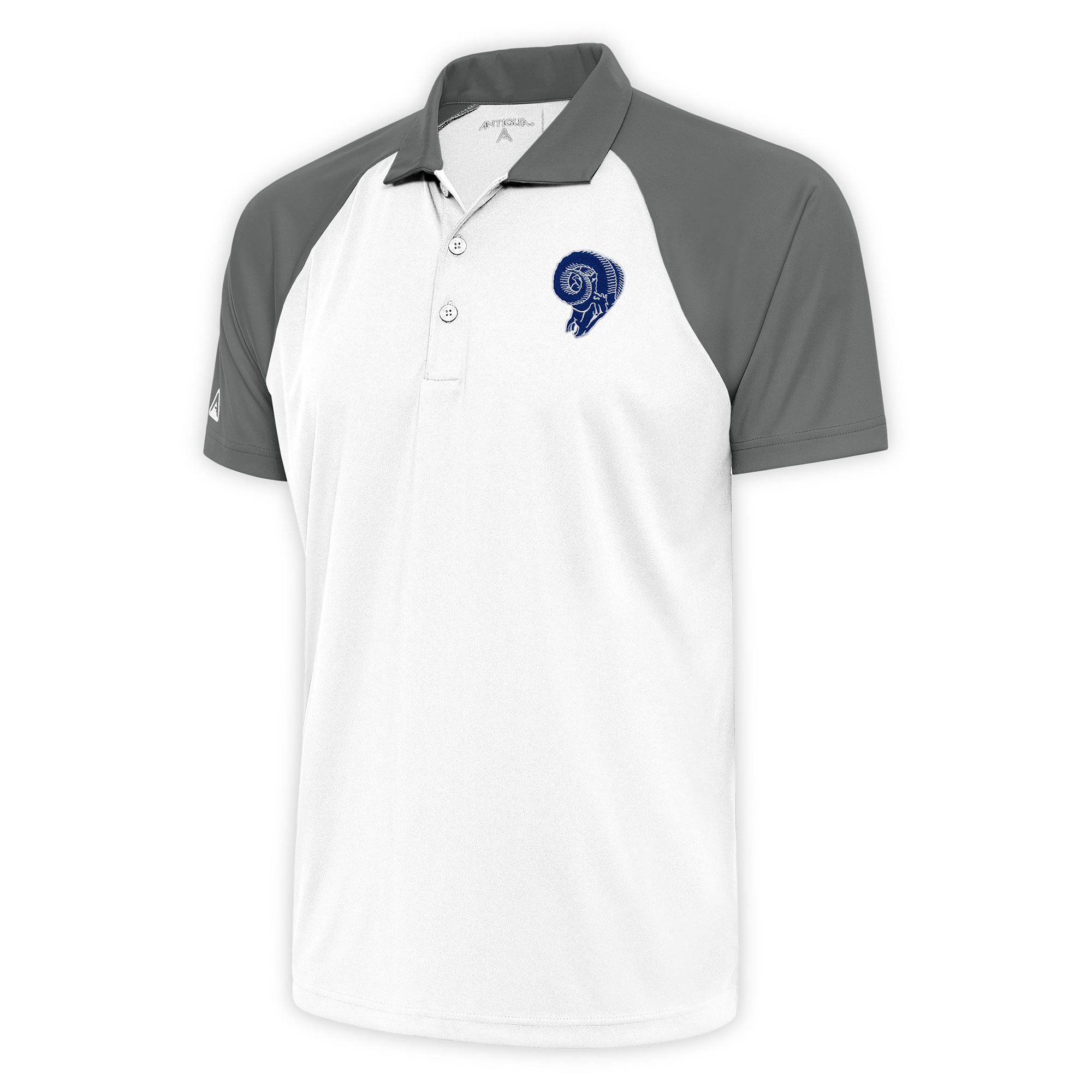 Men's Antigua White/Steel Los Angeles Rams Team Logo Throwback Nova Polo