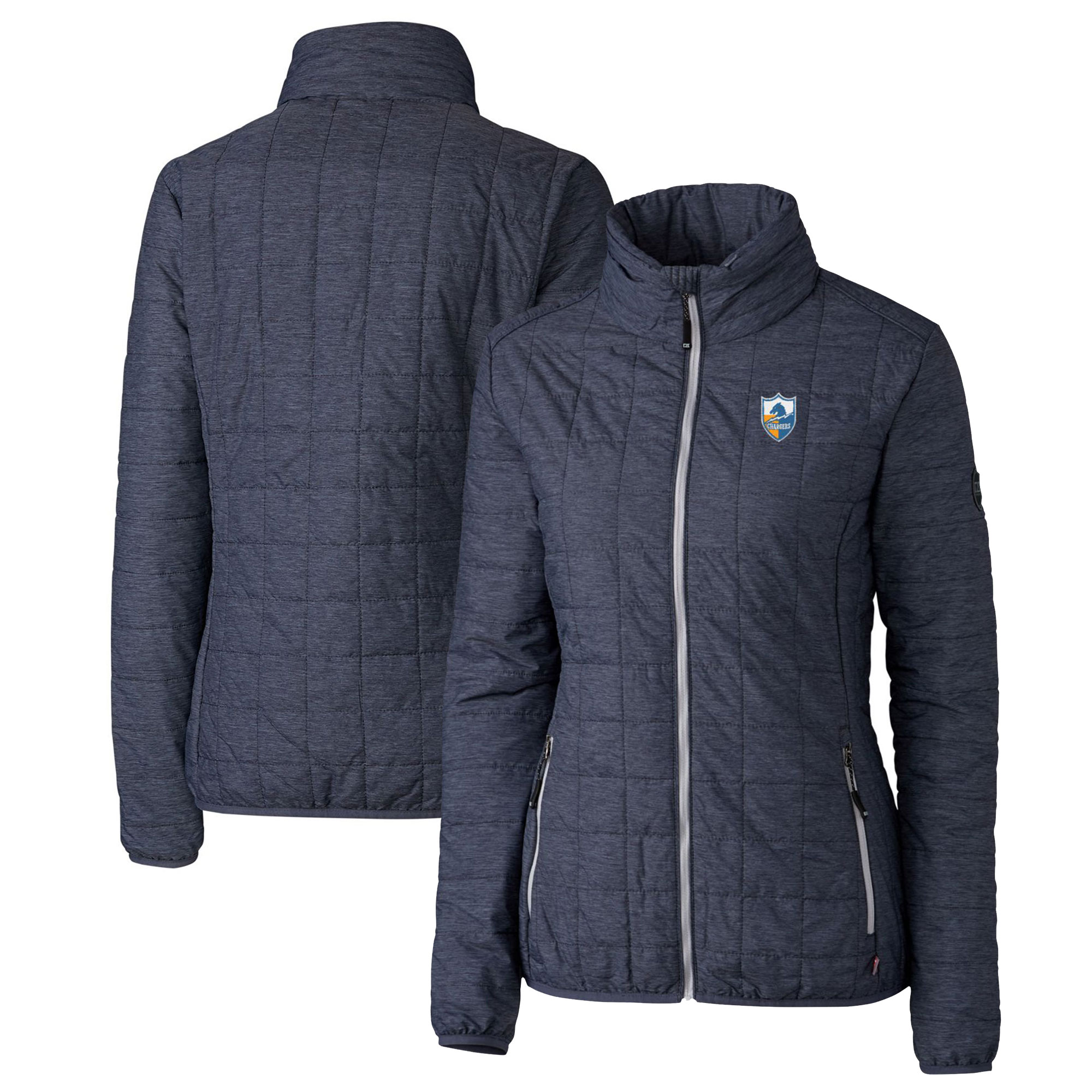 Women's Cutter & Buck Heather Navy Los Angeles Chargers Throwback Logo Rainier PrimaLoft Eco Full-Zip Puffer Jacket