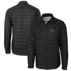 Men's Cutter & Buck  Black Minnesota Vikings Helmet Rainier PrimaLoft Eco Insulated Quilted Button-Up Shacket