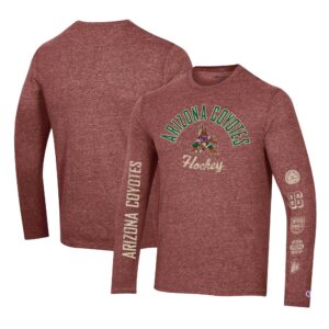 Men's Champion Garnet Arizona Coyotes Multi-Logo Tri-Blend Long Sleeve T-Shirt