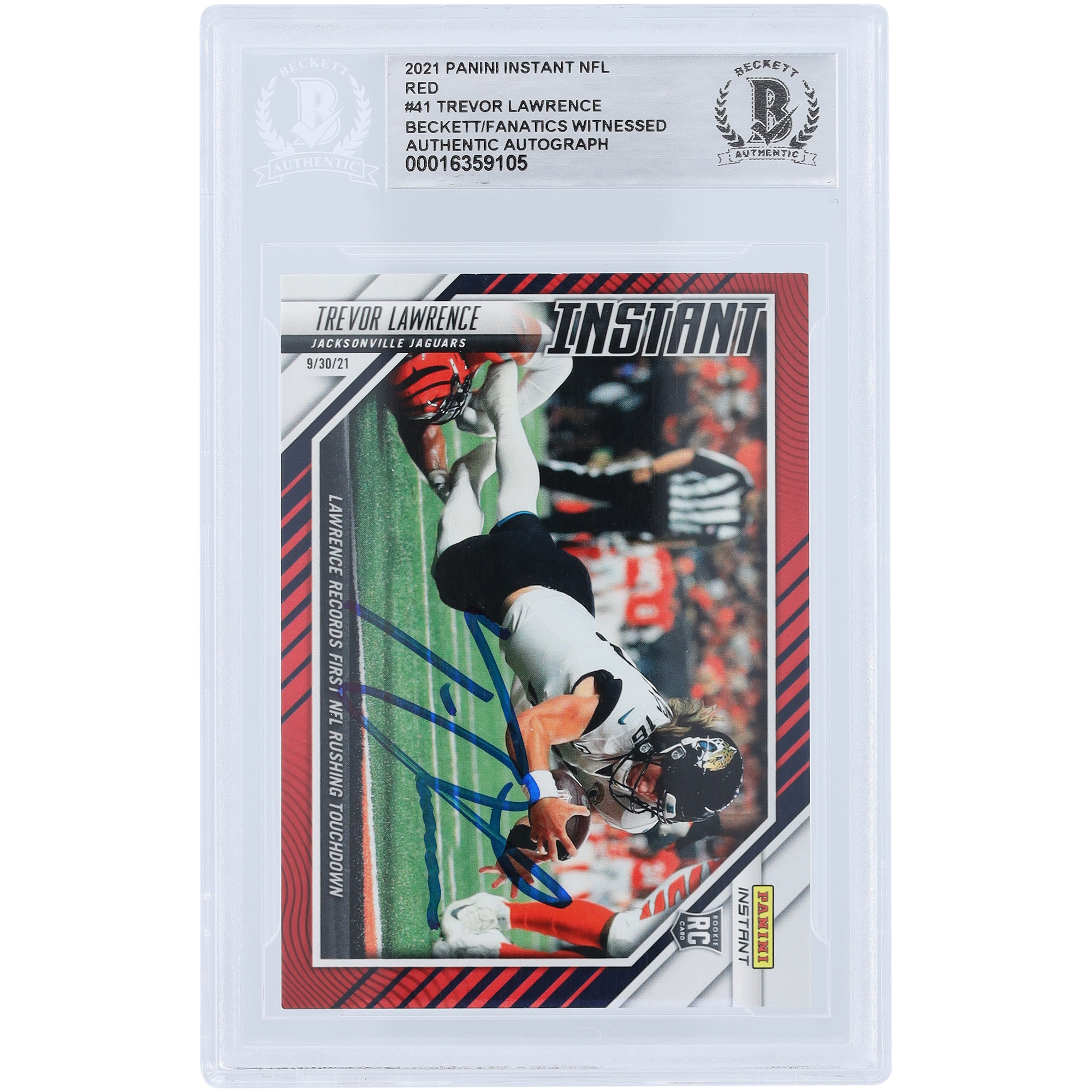 Trevor Lawrence Jacksonville Jaguars Autographed 2021 Panini Instant NFL Red #41 #42/99 Beckett Fanatics Witnessed Authenticated Rookie Card - Image 7