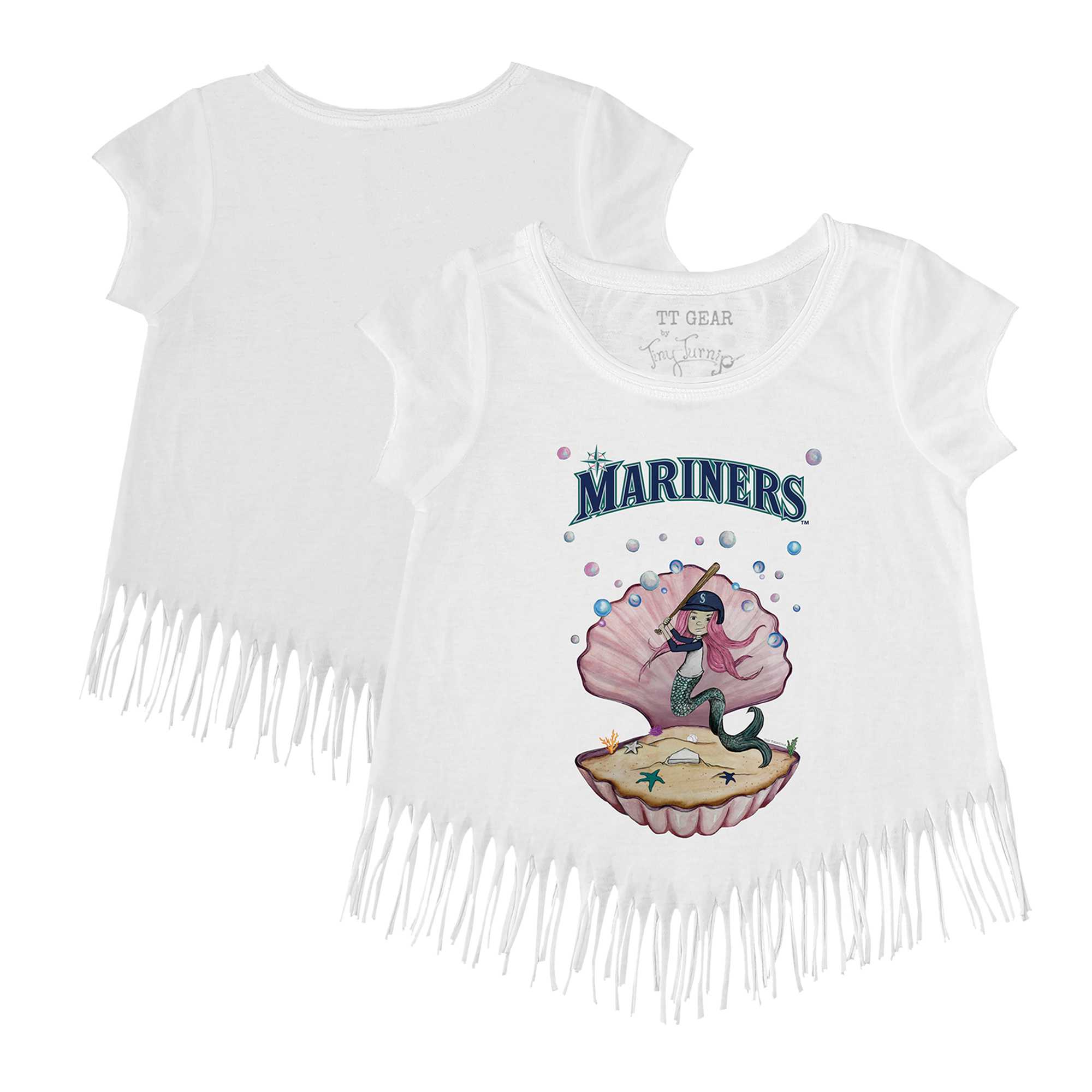 Girls Youth Tiny Turnip White Seattle Mariners Mermaid Fringe T-Shirt - Image 5