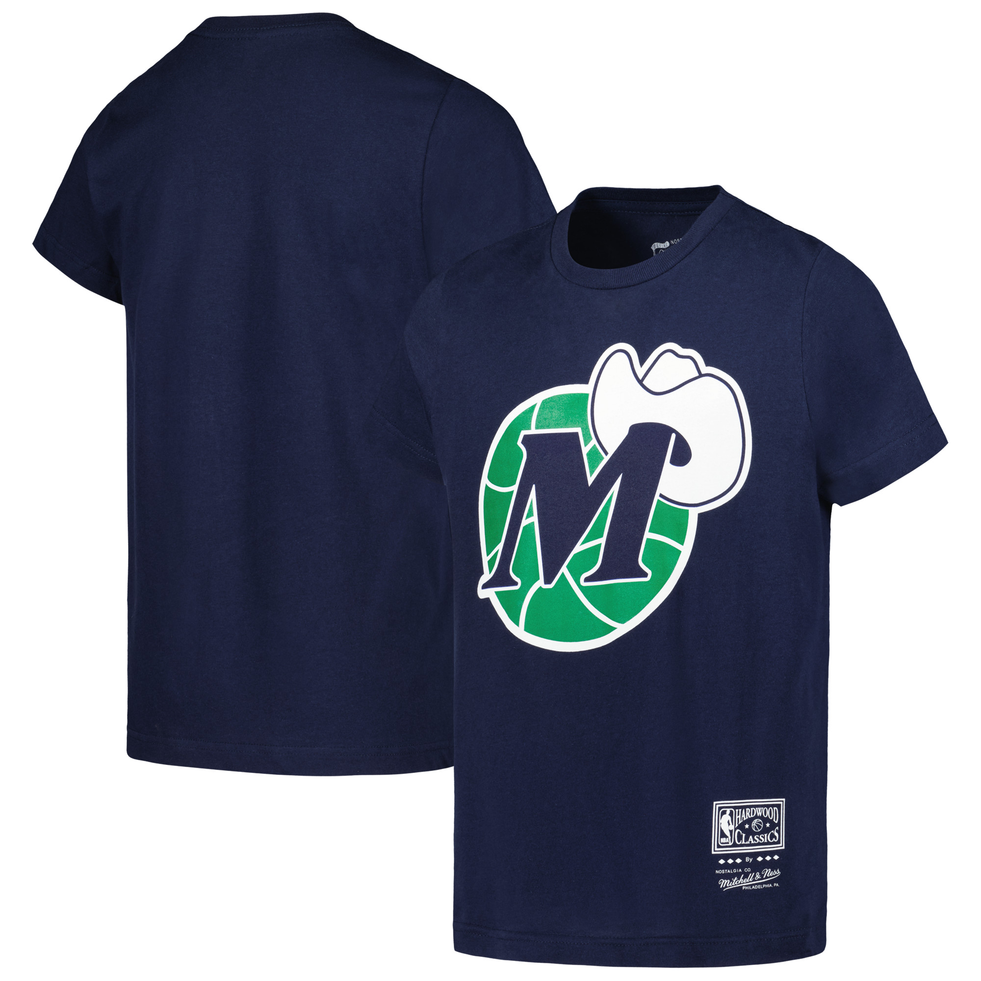 Youth Mitchell & Ness Navy Dallas Mavericks Hardwood Classics Retro Logo T-Shirt - Image 2