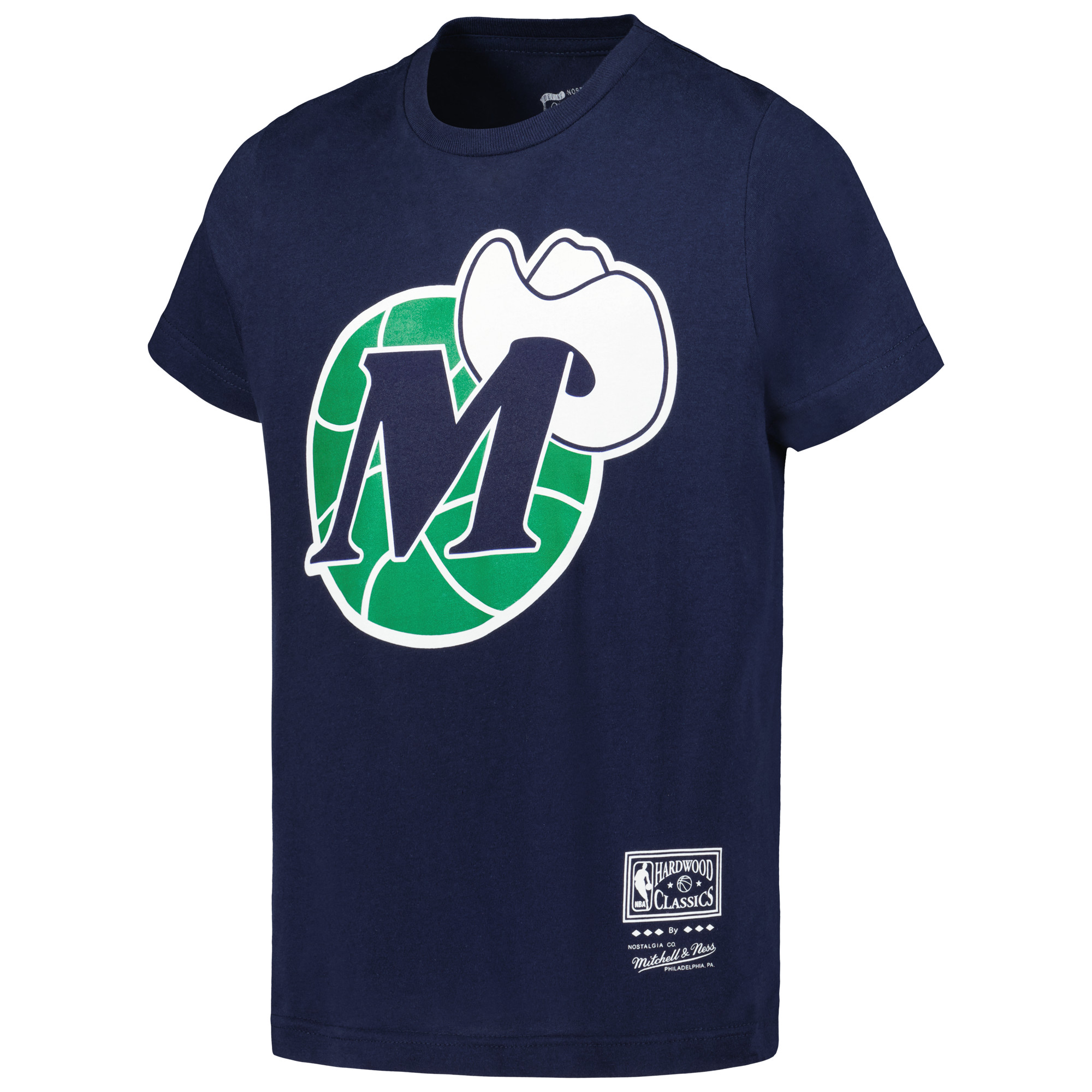 Youth Mitchell & Ness Navy Dallas Mavericks Hardwood Classics Retro Logo T-Shirt - Image 6