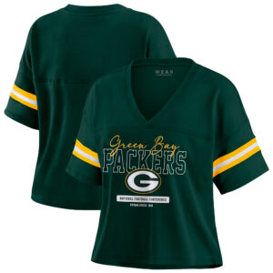 Women's WEAR by Erin Andrews Green Green Bay Packers Color Block Boxy Modest Crop V-Neck T-Shirt