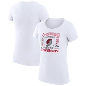 Women's G-III 4Her by Carl Banks White Portland Trail Blazers Team Name Collage Fitted Graphic T-Shirt