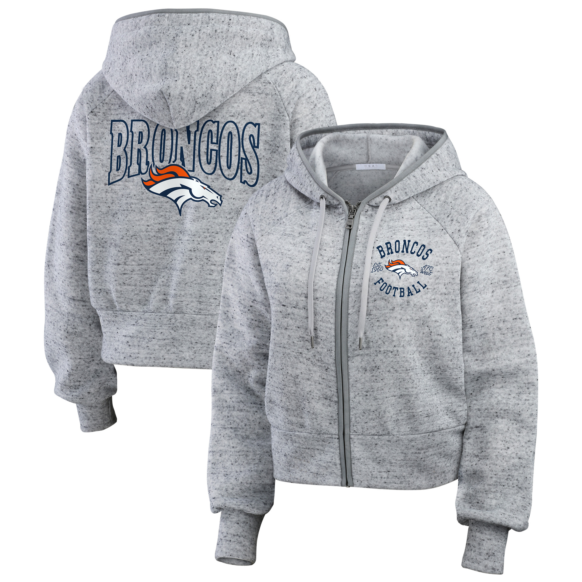 Women's WEAR by Erin Andrews Heather Gray Denver Broncos Speckled Fleece Cropped Full-Zip Hoodie