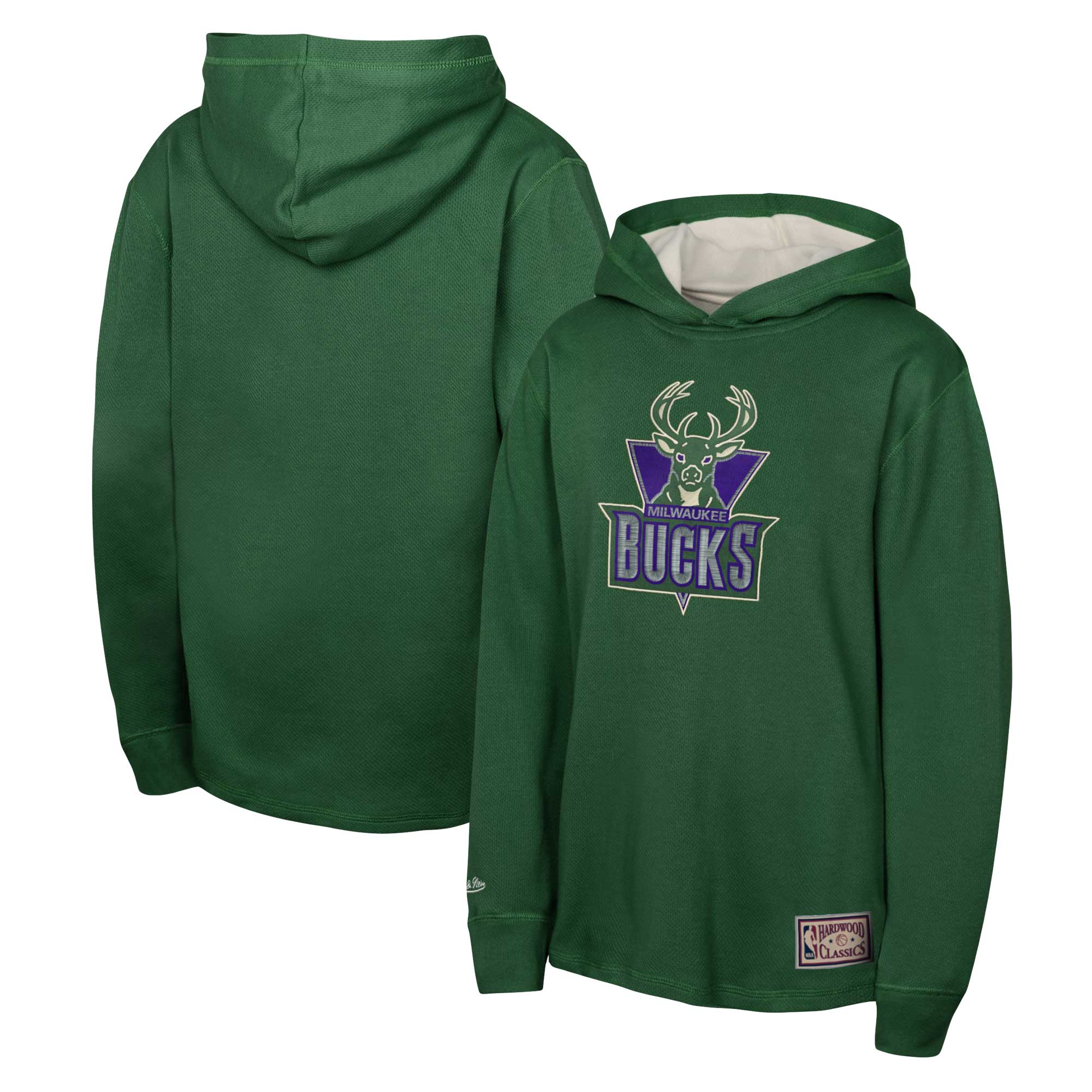Youth Mitchell & Ness Green Milwaukee Bucks Hardwood Classics Lightweight Thermal Long Sleeve Hoodie T-Shirt - Image 5