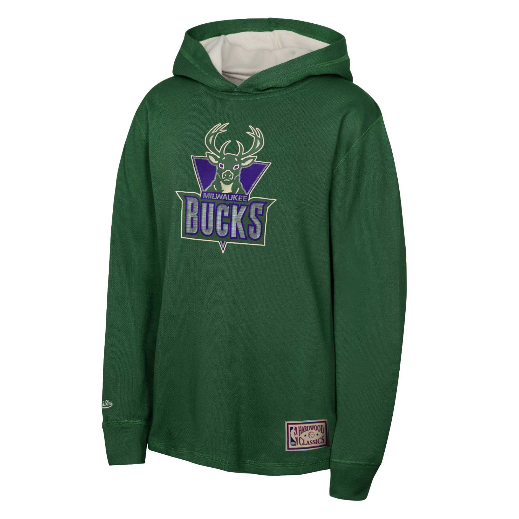 Youth Mitchell & Ness Green Milwaukee Bucks Hardwood Classics Lightweight Thermal Long Sleeve Hoodie T-Shirt - Image 3