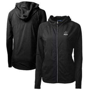 Women's Cutter & Buck Black Miami Marlins Adapt Eco Knit Hybrid Recycled Raglan Full-Zip Hoodie