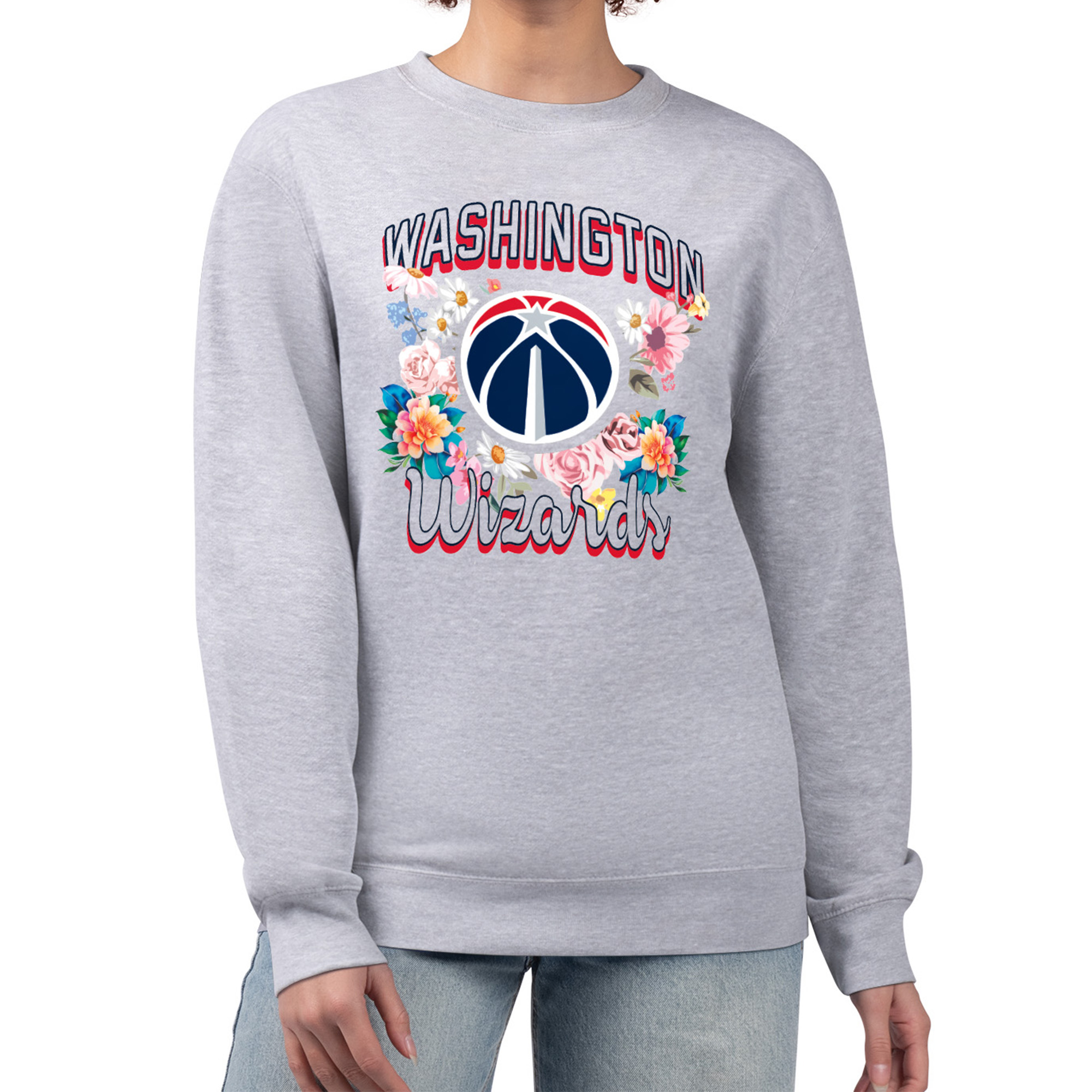 Women's G-III 4Her by Carl Banks Heather Gray Washington Wizards Flowers Team Logo Graphic Fleece Crewneck Pullover Sweatshirt