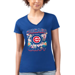 Women's G-III 4Her by Carl Banks Royal Chicago Cubs Flowers Graphic Fitted V-Neck T-Shirt