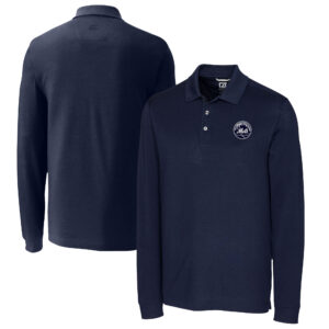 Men's Cutter & Buck Navy New York Mets Big & Tall Advantage Eco Pique DryTec Tri-Blend Long Sleeve Polo