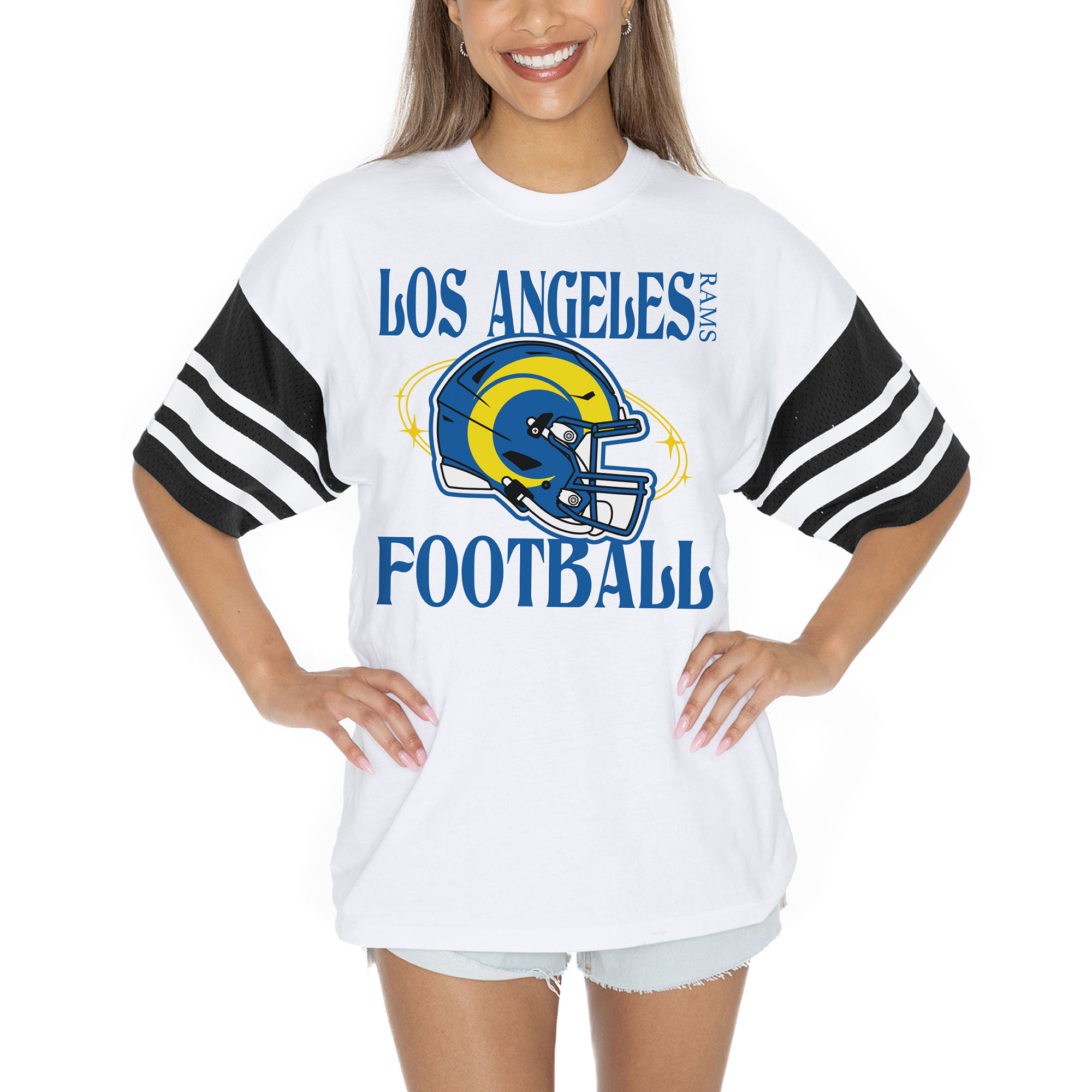 Women's Gameday Couture White Los Angeles Rams Vintage Look Contrast Mesh Striped Raglan T-Shirt