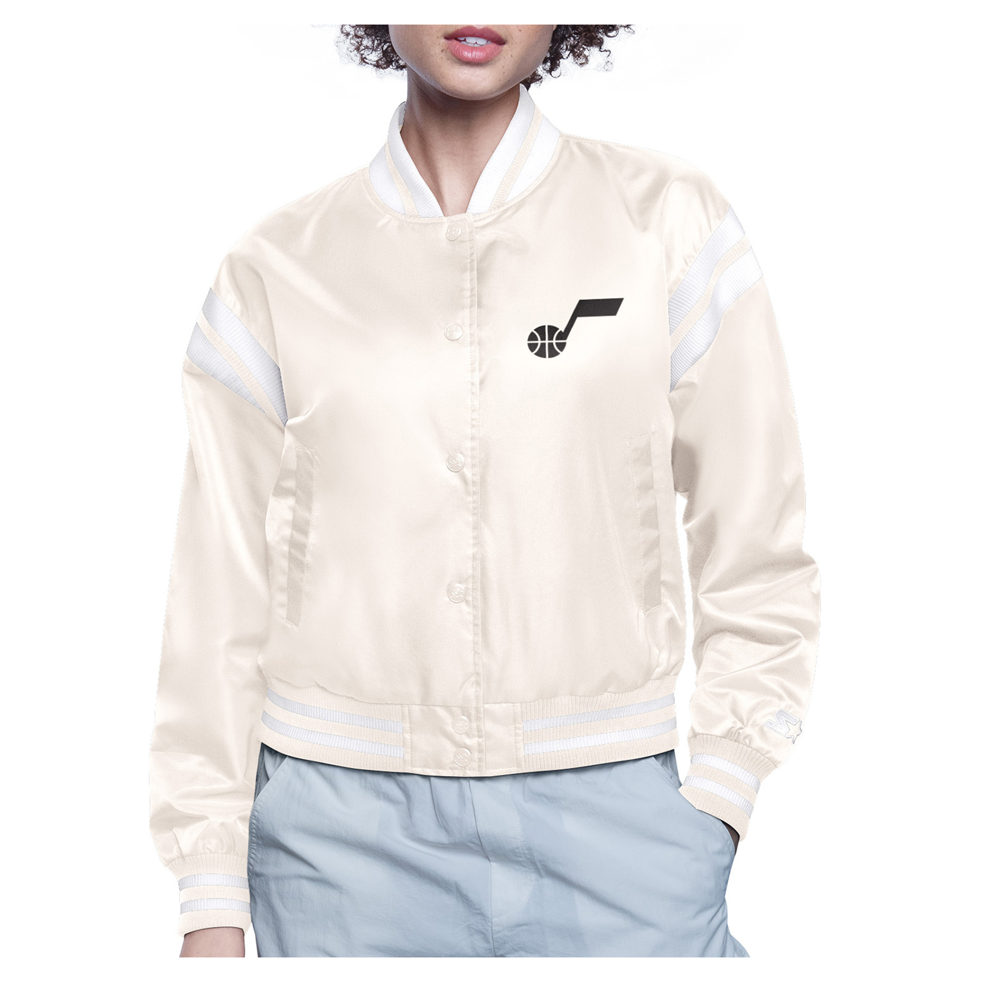 Women's Starter Cream Utah Jazz Printed Logo Cropped Satin Varsity Full-Snap Jacket