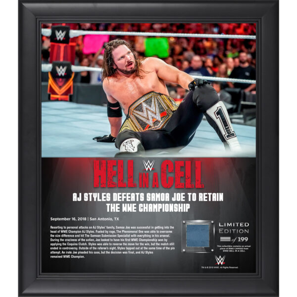 AJ Styles WWE Framed 15'' x 17'' 2018 Hell In A Cell Collage with Piece of Event-Used Canvas - Limited Edition of 199