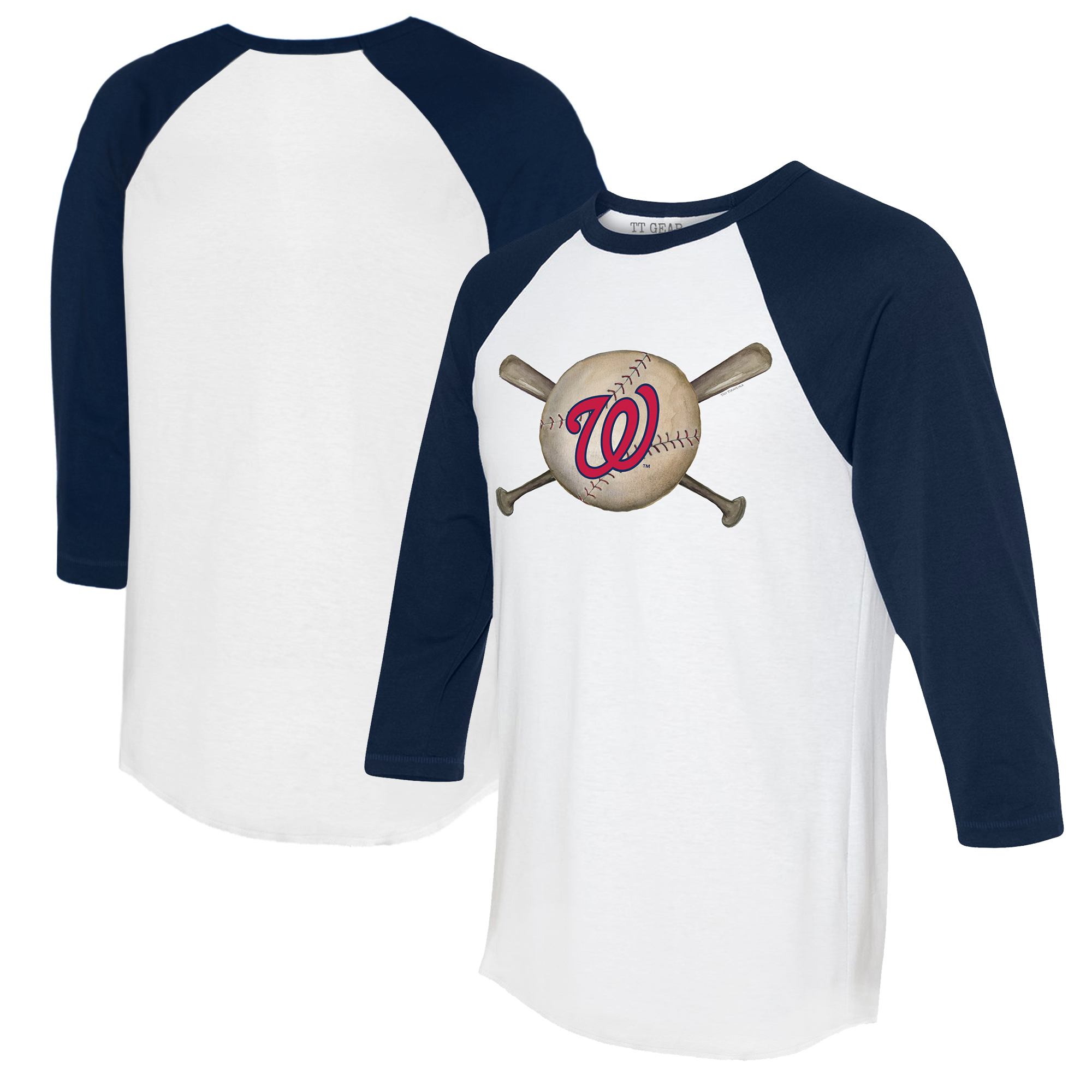 Women's Tiny Turnip White/Navy Washington Nationals Baseball Cross Bats 3/4-Sleeve Raglan T-Shirt - Image 5