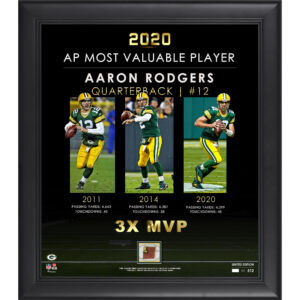 Aaron Rodgers Green Bay Packers Framed 15" x 17" 3-Time MVP Collage with a Piece of Game-Used Football - Limited Edition of 512