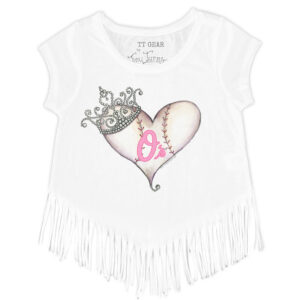 Girls Toddler Tiny Turnip White Baltimore Orioles Baseball Tiara Heart Fringe T-Shirt
