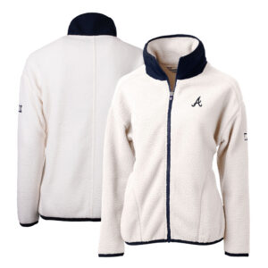 Women's Cutter & Buck White/Navy Atlanta Braves Cascade Eco Sherpa Fleece Full-Zip Jacket