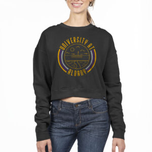 Women's Uscape Apparel Black UAlbany Great Danes Circle Scene Cropped Crewneck Sweatshirt