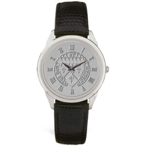 Men's Silver Loras College Duhawks Medallion Black Leather Wristwatch