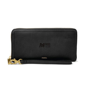 Women's Fossil Black Mid Michigan College Leather Logan RFID Zip Around Clutch