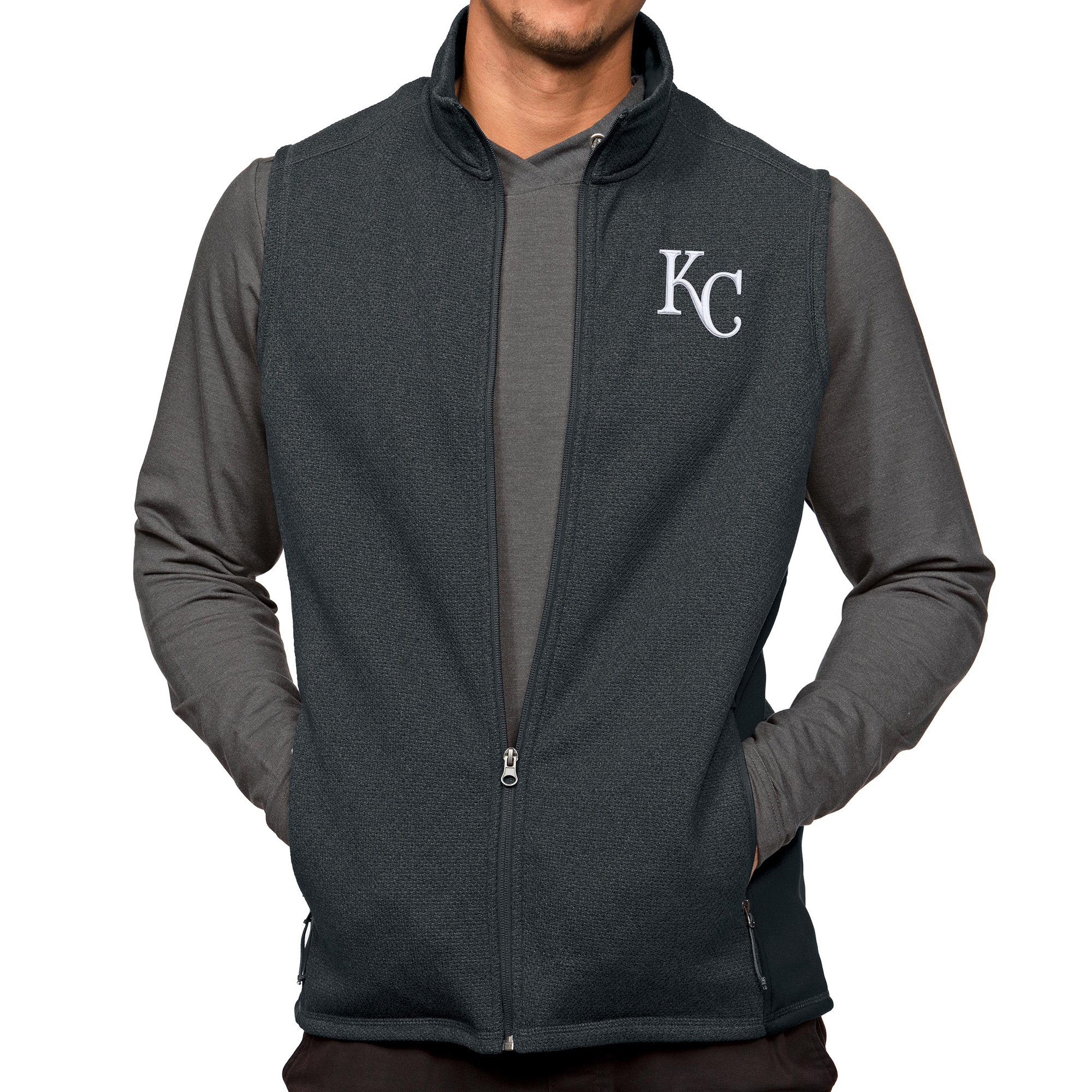 Men's Antigua Heathered Charcoal Kansas City Royals Course Full-Zip Vest