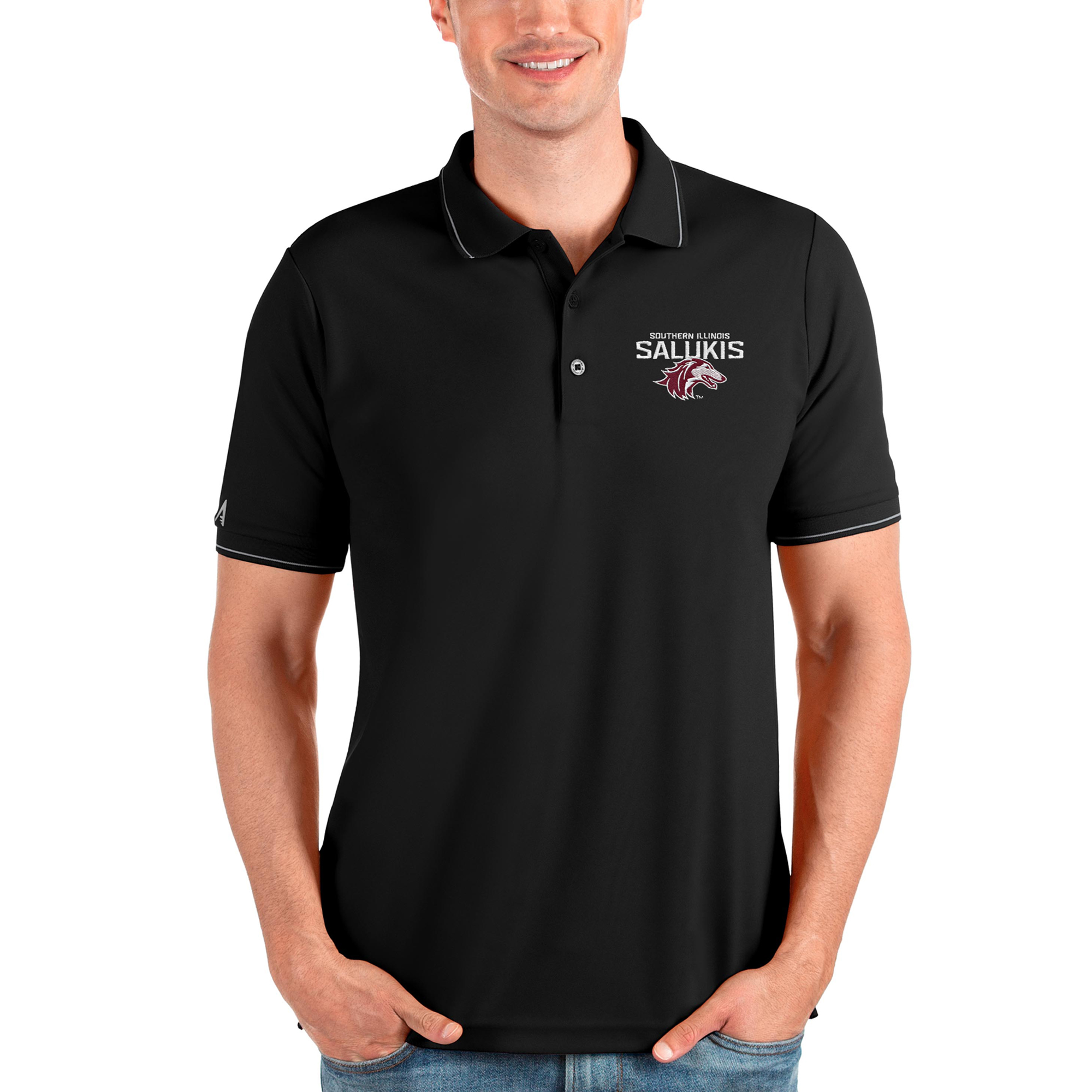 Men's Antigua Black Southern Illinois Salukis Affluent Polo