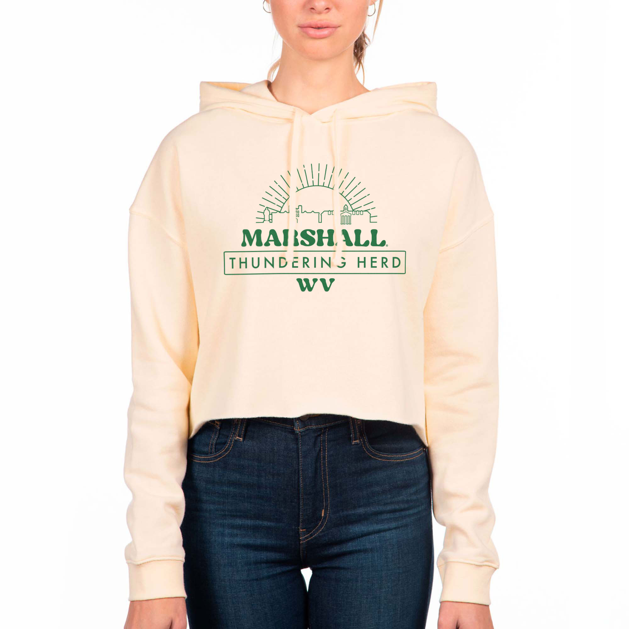 Women's Uscape Apparel Cream Marshall Thundering Herd Fleece Crop Hoodie