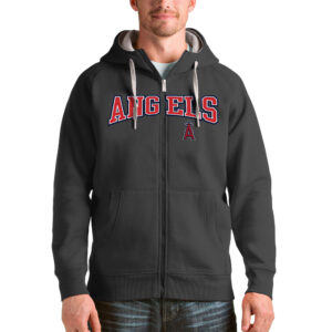 Men's Antigua Charcoal Los Angeles Angels Team Logo Victory Full-Zip Hoodie