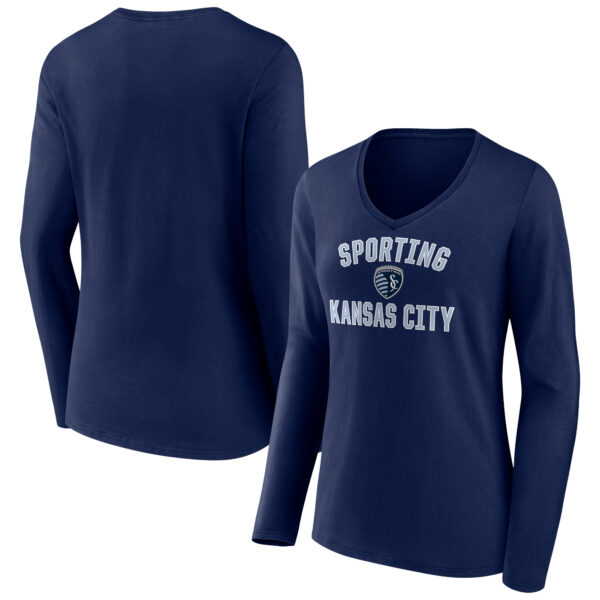 Women's Navy Sporting Kansas City Victory Arch Logo Long Sleeve V-Neck T-Shirt