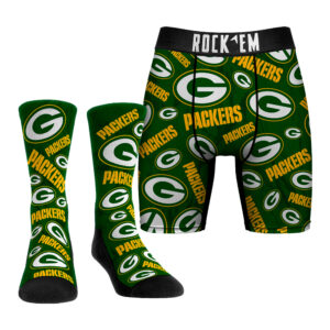 Men's Rock Em Socks Green Bay Packers All-Over Logo Underwear and Crew Socks Combo Pack