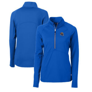 Women's Cutter & Buck  Royal Los Angeles Rams Helmet Logo Adapt Eco Knit Stretch Recycled Half-Zip Pullover Top