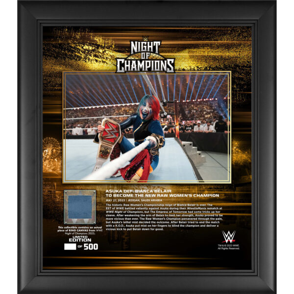 Asuka WWE Framed 15" x 17" 2023 Night of Champions Collage with a Piece of Match-Used Canvas - Limited Edition of 500