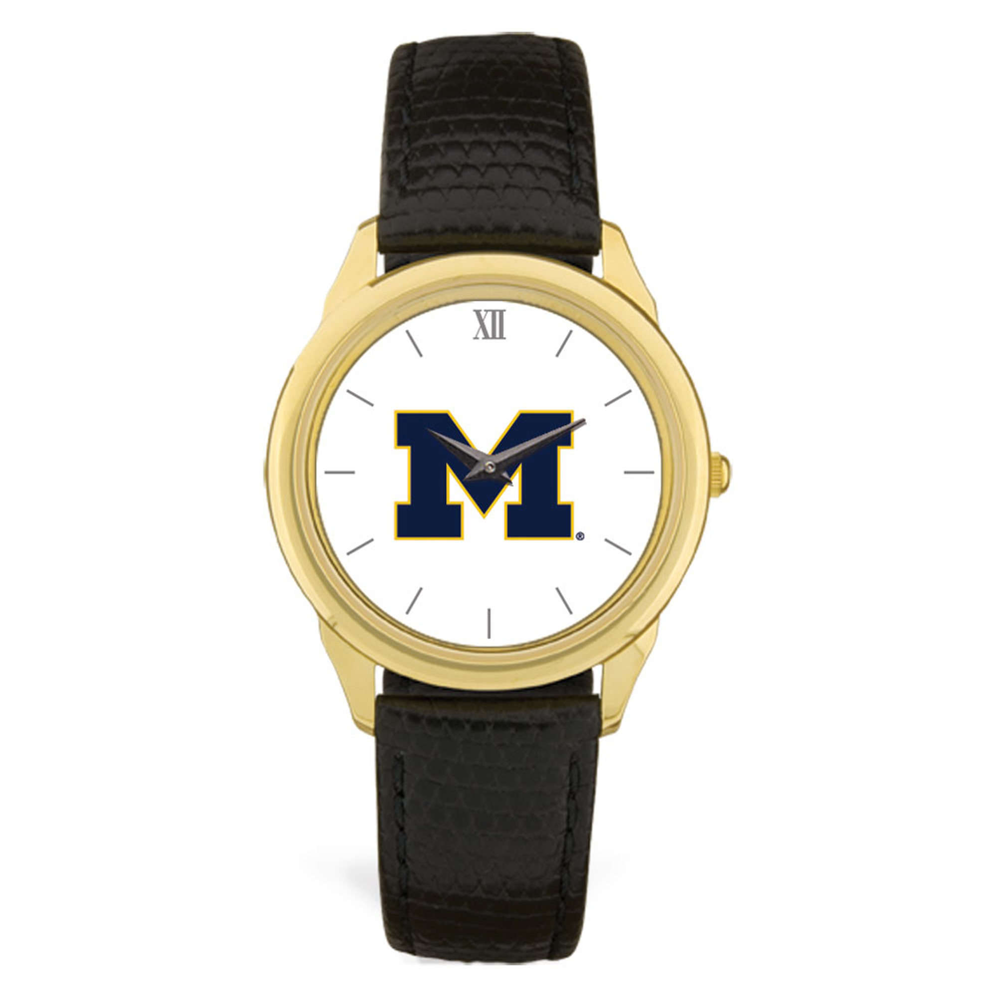 Men's Gold Michigan Wolverines Black Leather Wristwatch