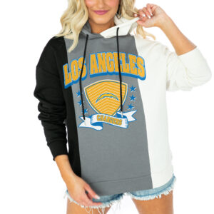 Women's Gameday Couture  Black/White Los Angeles Chargers Take The Field Tri-Color Block Fleece Pullover Hoodie