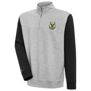 Men's Antigua  Heather Gray/Black Milwaukee Bucks Victory Colorblock Quarter-Zip Pullover Top