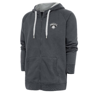 Men's Antigua Charcoal New York Knicks Metallic Logo Victory Raglan Full-Zip Hoodie
