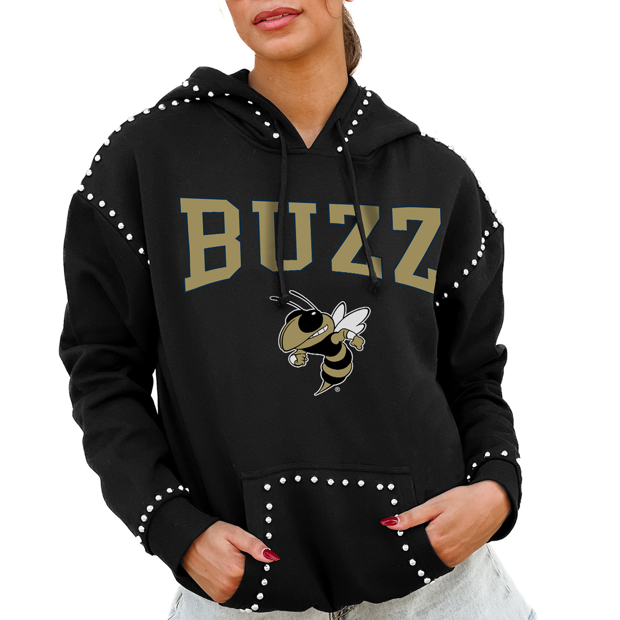 Women's Gameday Couture Black Georgia Tech Yellow Jackets Studded Pullover Hoodie