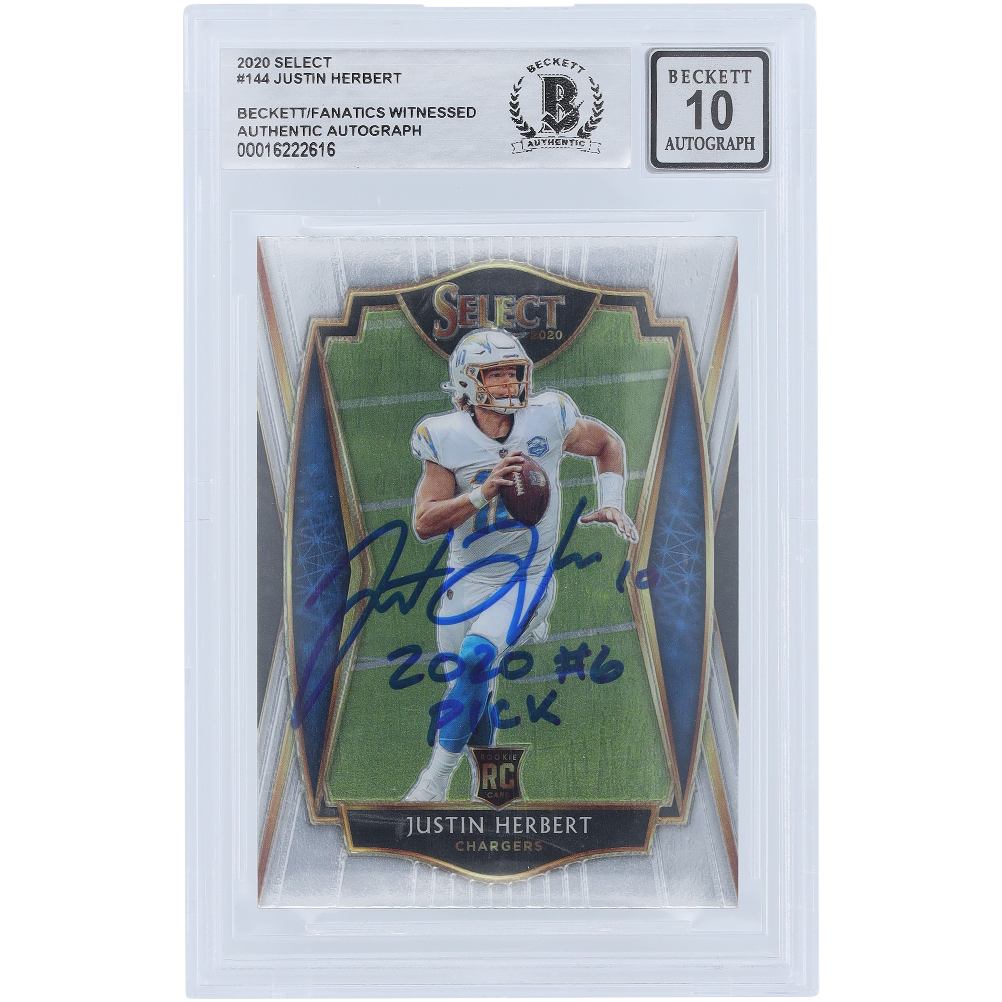 Justin Herbert Los Angeles Chargers Autographed 2020 Panini Select #144 Beckett Fanatics Witnessed Authenticated 10 Rookie Card with "2020 #6 Pick" Inscription - Image 5