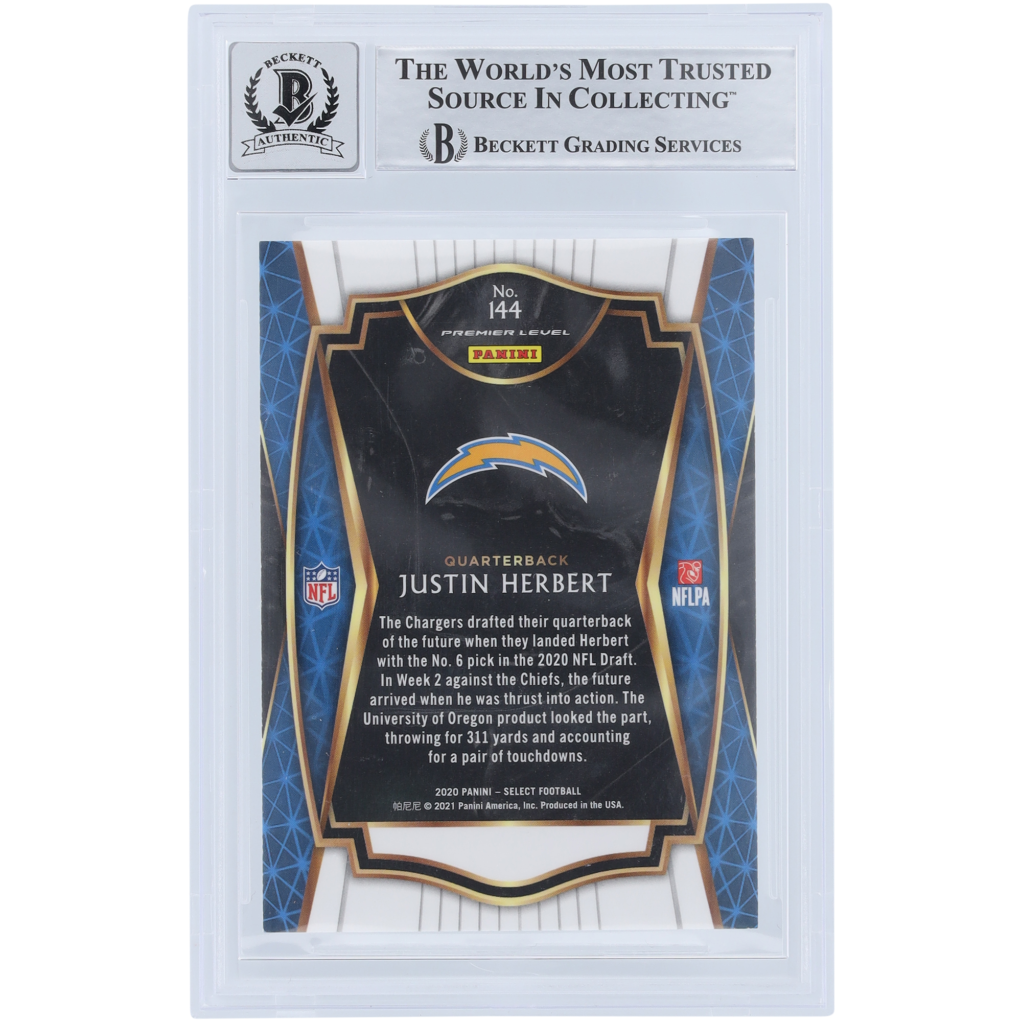 Justin Herbert Los Angeles Chargers Autographed 2020 Panini Select #144 Beckett Fanatics Witnessed Authenticated 10 Rookie Card with "2020 #6 Pick" Inscription - Image 6