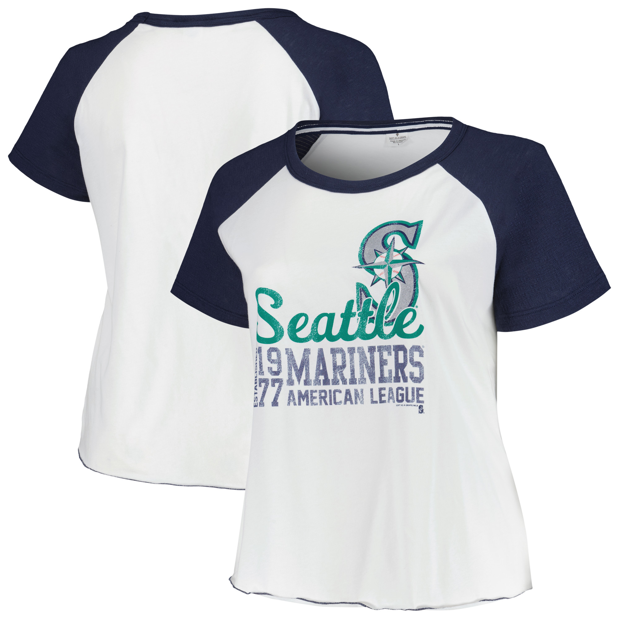 Women's Soft as a Grape White Seattle Mariners Plus Size Baseball Raglan T-Shirt - Image 5