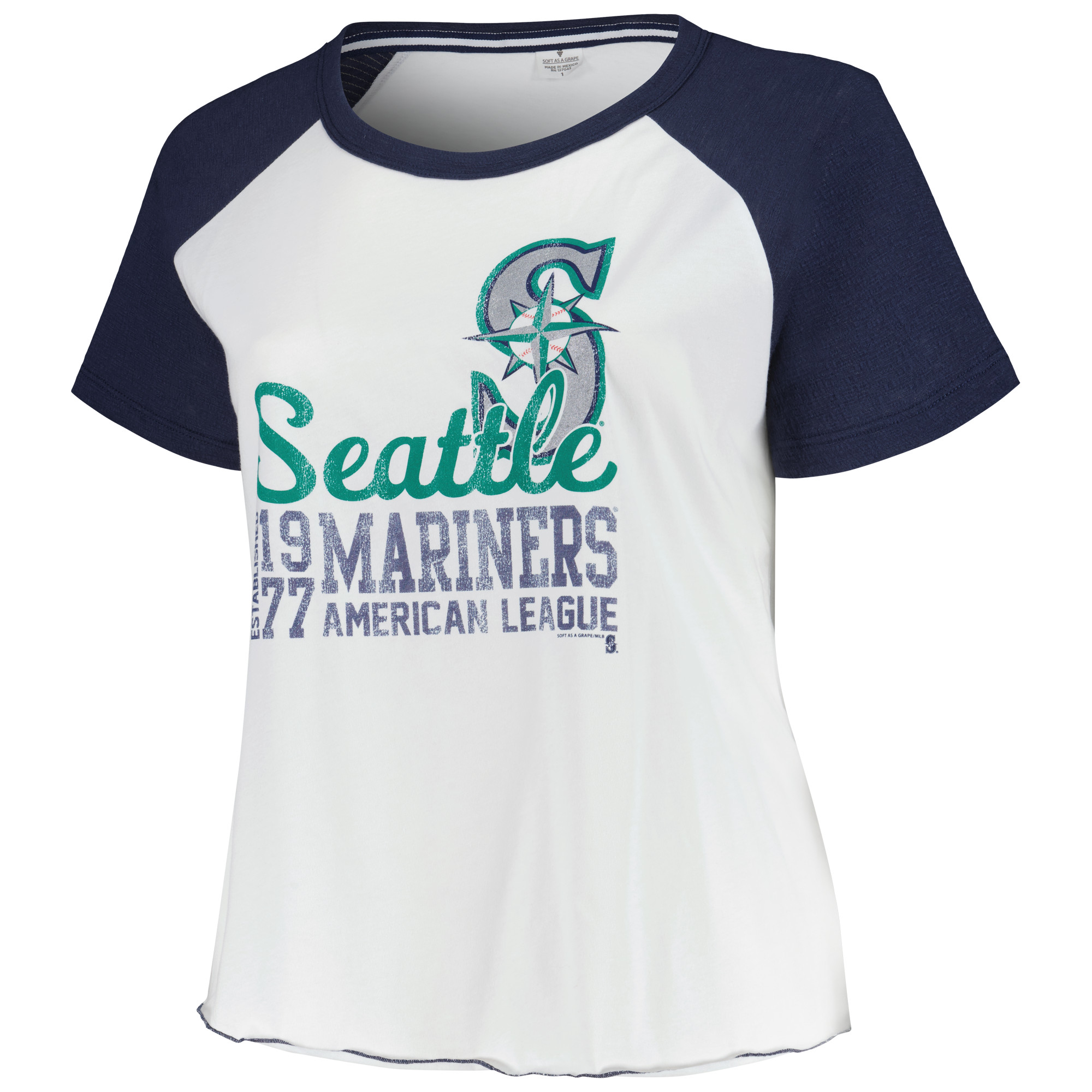 Women's Soft as a Grape White Seattle Mariners Plus Size Baseball Raglan T-Shirt - Image 3